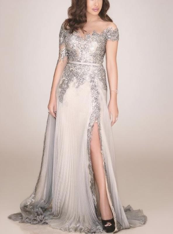 Gorgeously designed floral lace off shoulder straps bridal and party dress court length