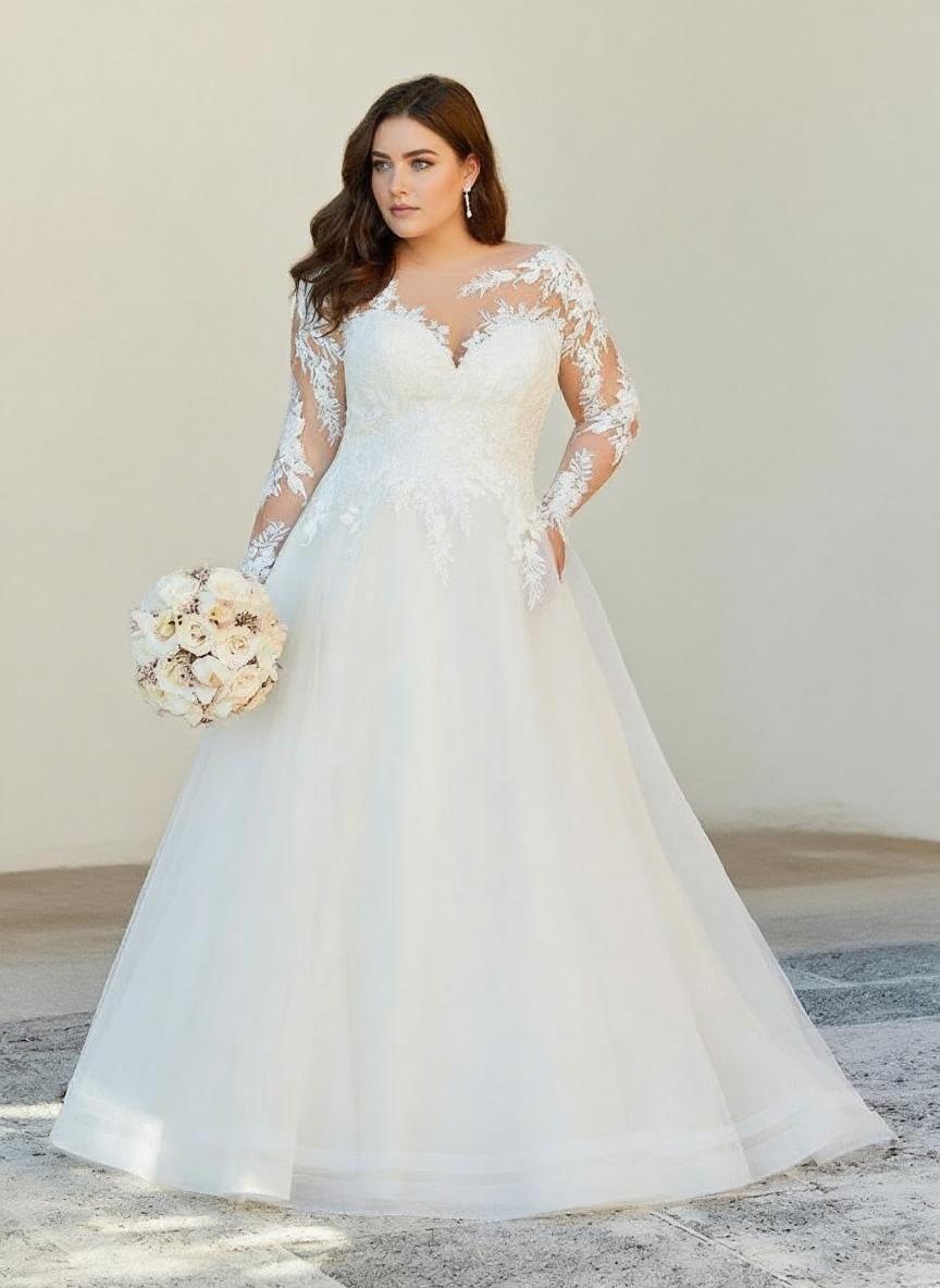 Exquisite A-Line O-Neck Long Sleeves Lace Appliques Bridal Gown