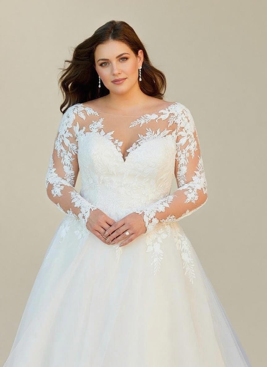 Exquisite A-Line O-Neck Long Sleeves Lace Appliques Bridal Gown