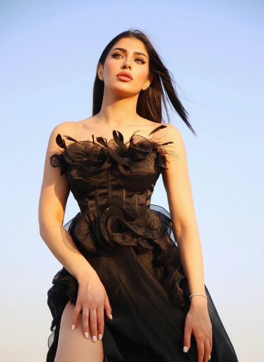 Gothic style Fashion Feather Ruffles Strapless A-line Black Prom and party Dress