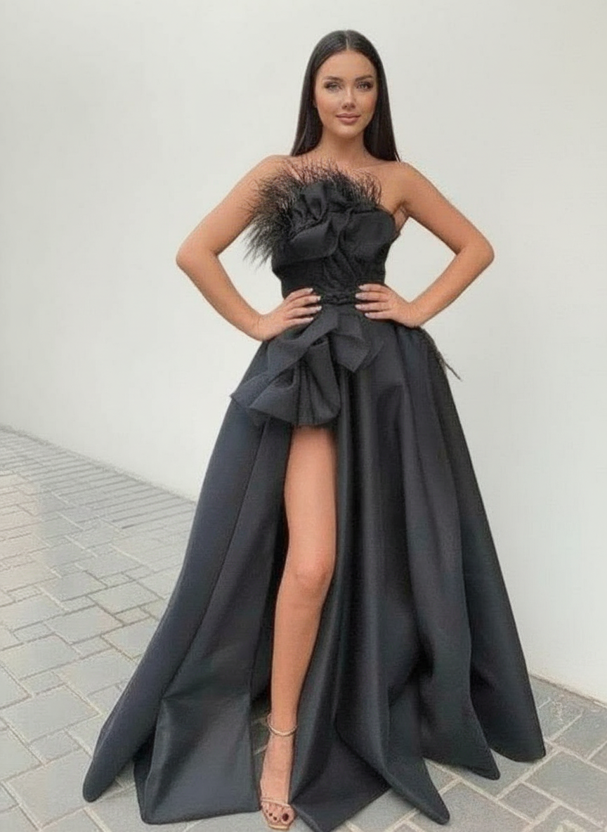 Gothic style Fashion Feather Ruffles Strapless A-line Black Prom and party Dress