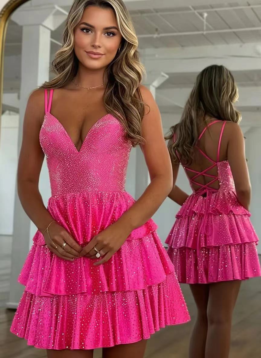 V Neck Tiered layered short length sleeveless party dress