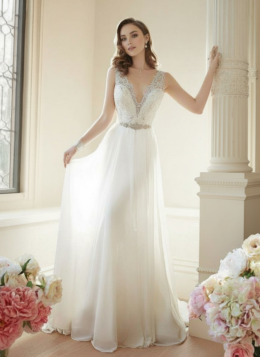 Floral lace straps yarn and lace Chapel length with waist belt white bridal gown