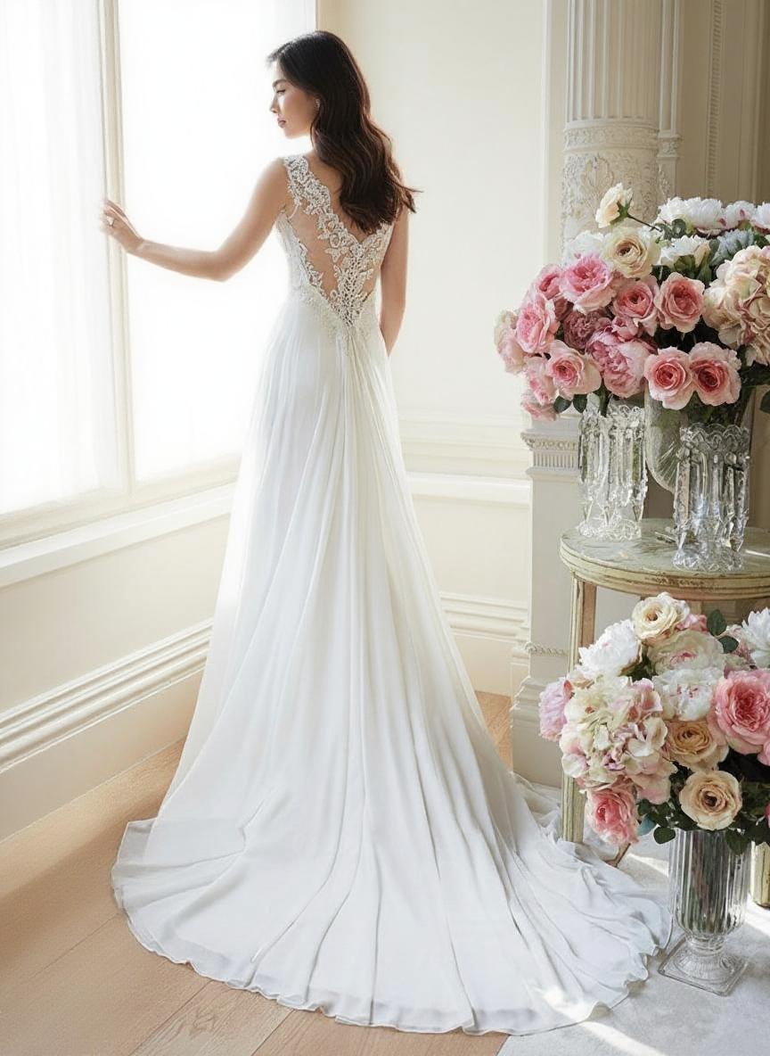 Floral lace straps yarn and lace Chapel length with waist belt white bridal gown