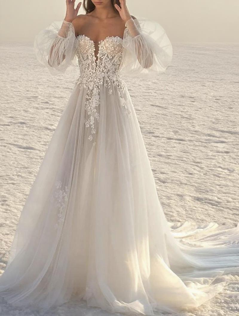 Chapel length off the shoulder long puff sleeve beach style wedding dress