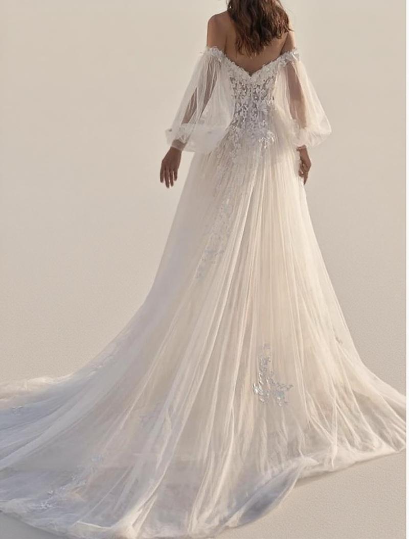 Chapel length off the shoulder long puff sleeve beach style wedding dress