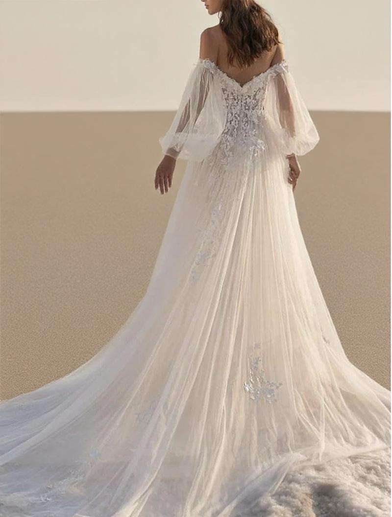 Chapel length off the shoulder long puff sleeve beach style wedding dress