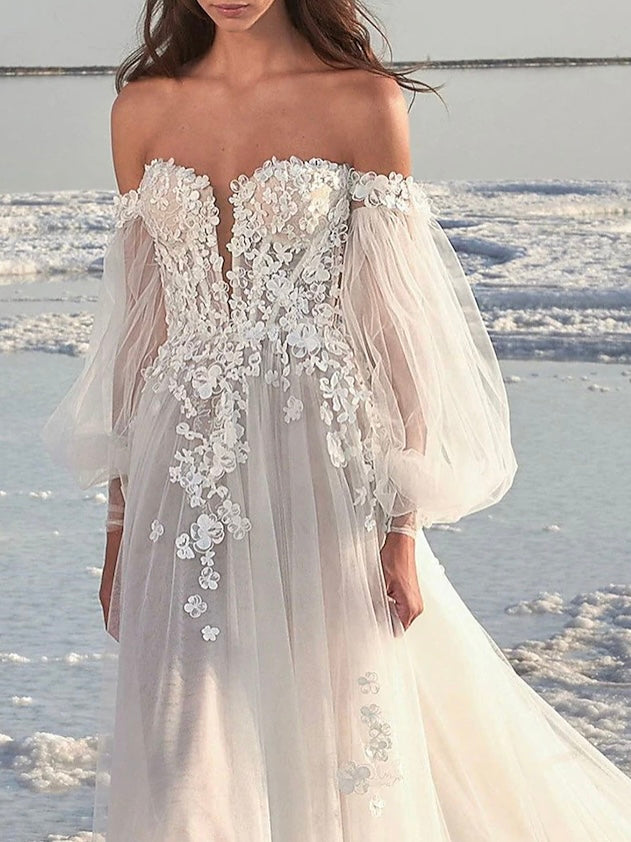 Chapel length off the shoulder long puff sleeve beach style wedding dress