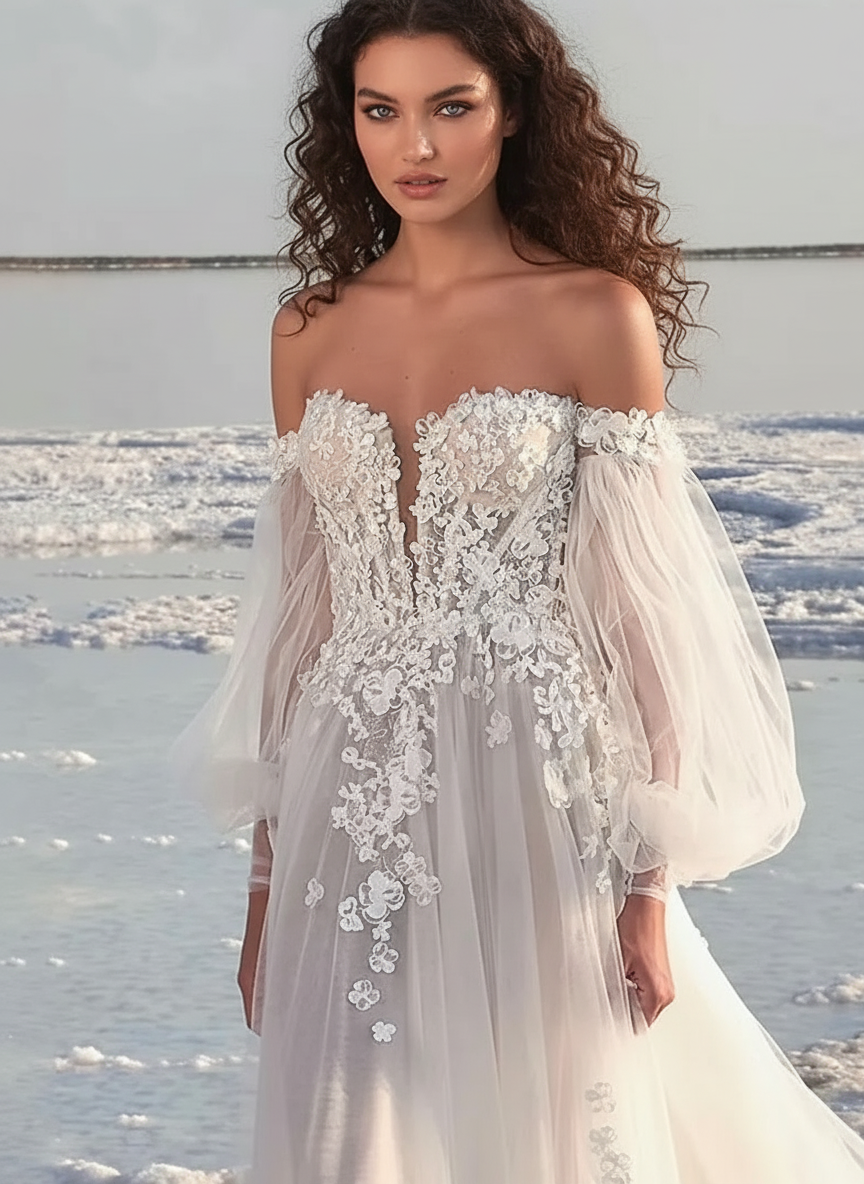 Chapel length off the shoulder long puff sleeve beach style wedding dress