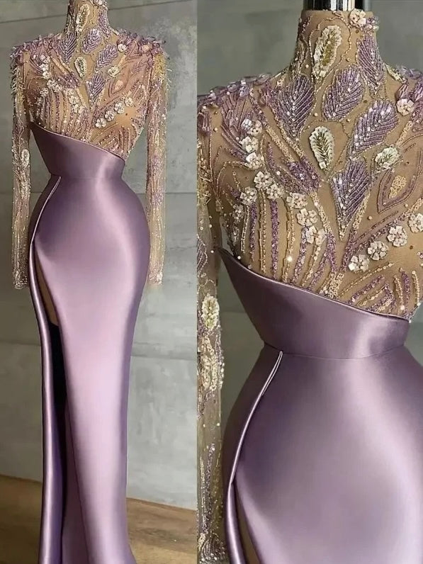 Satin and gorgeously designed lace beading high neck party and ceremony dress