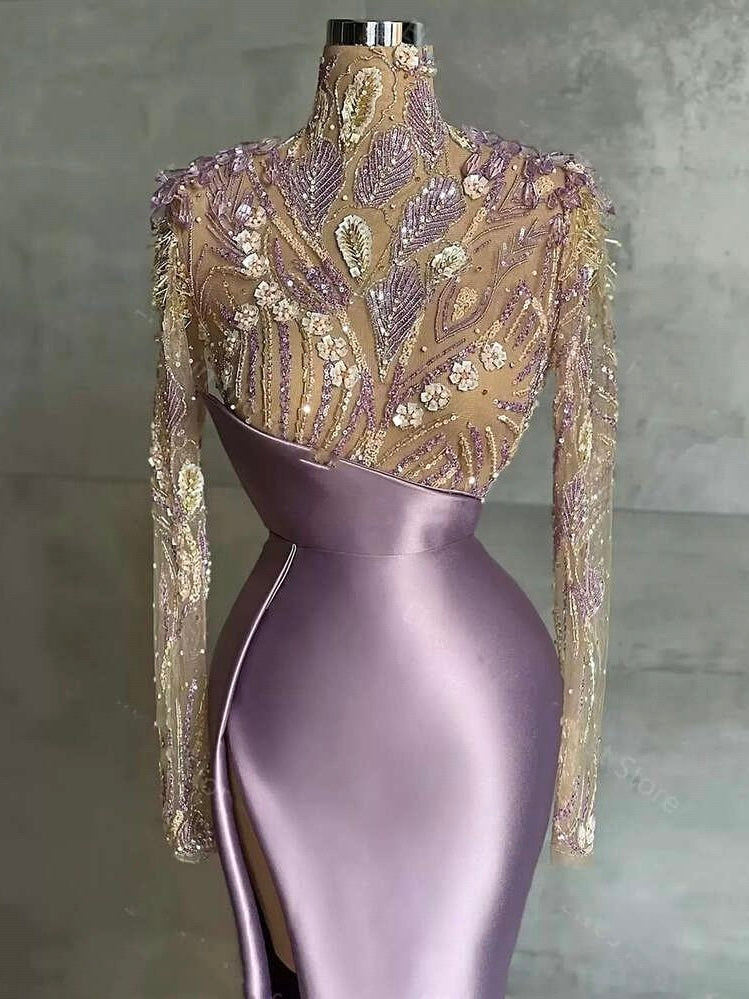 Satin and gorgeously designed lace beading high neck party and ceremony dress