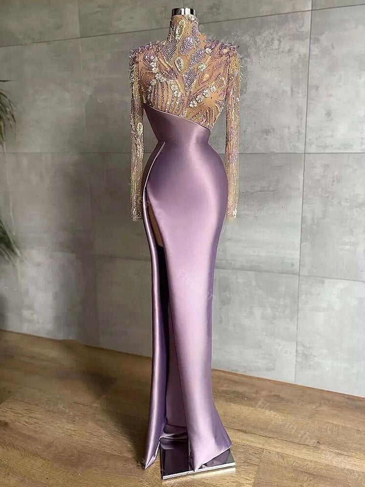 Satin and gorgeously designed lace beading high neck party and ceremony dress
