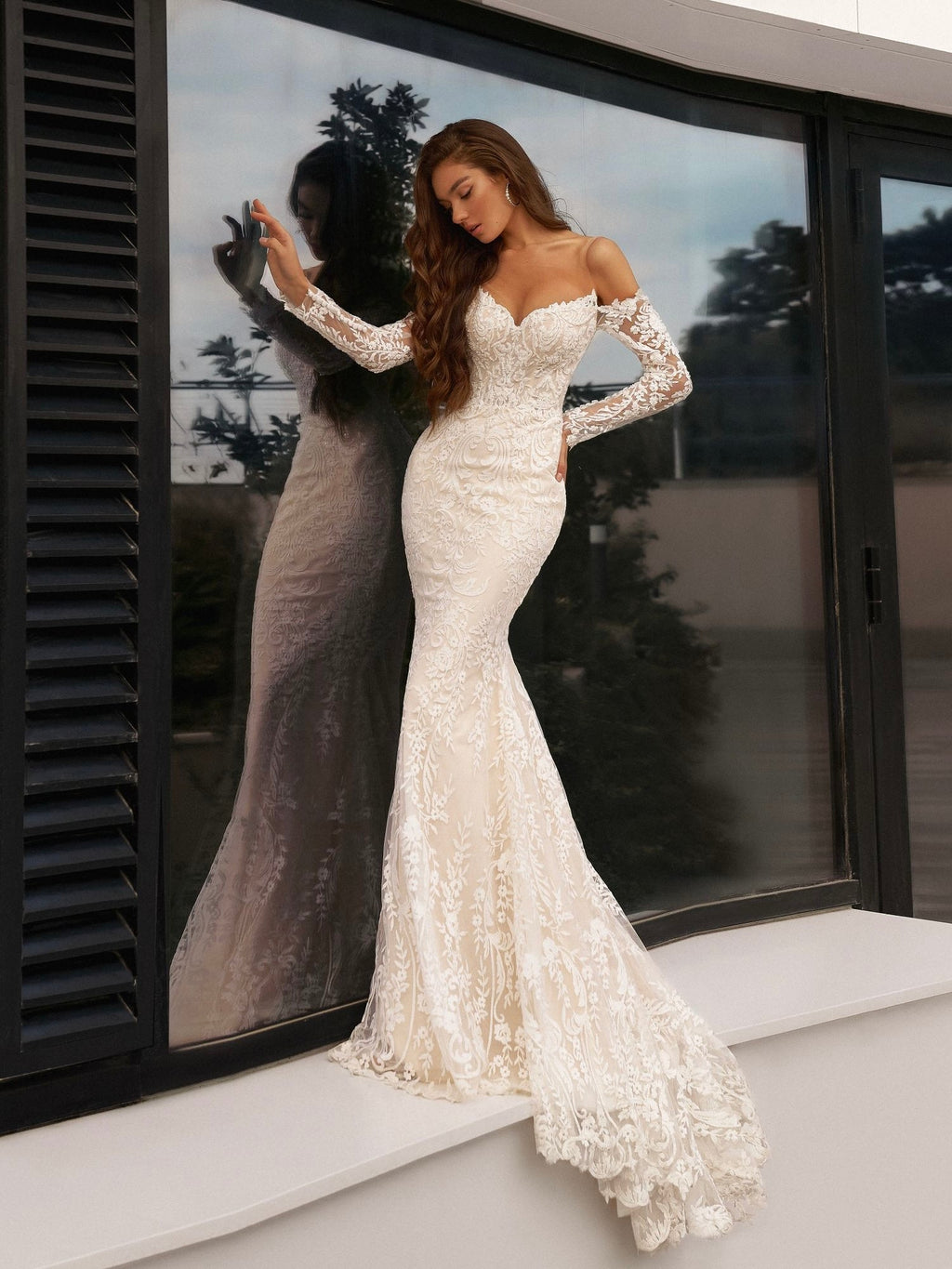 Chapel length off the shoulder V neck long sleeve floral lace designed bridal dress