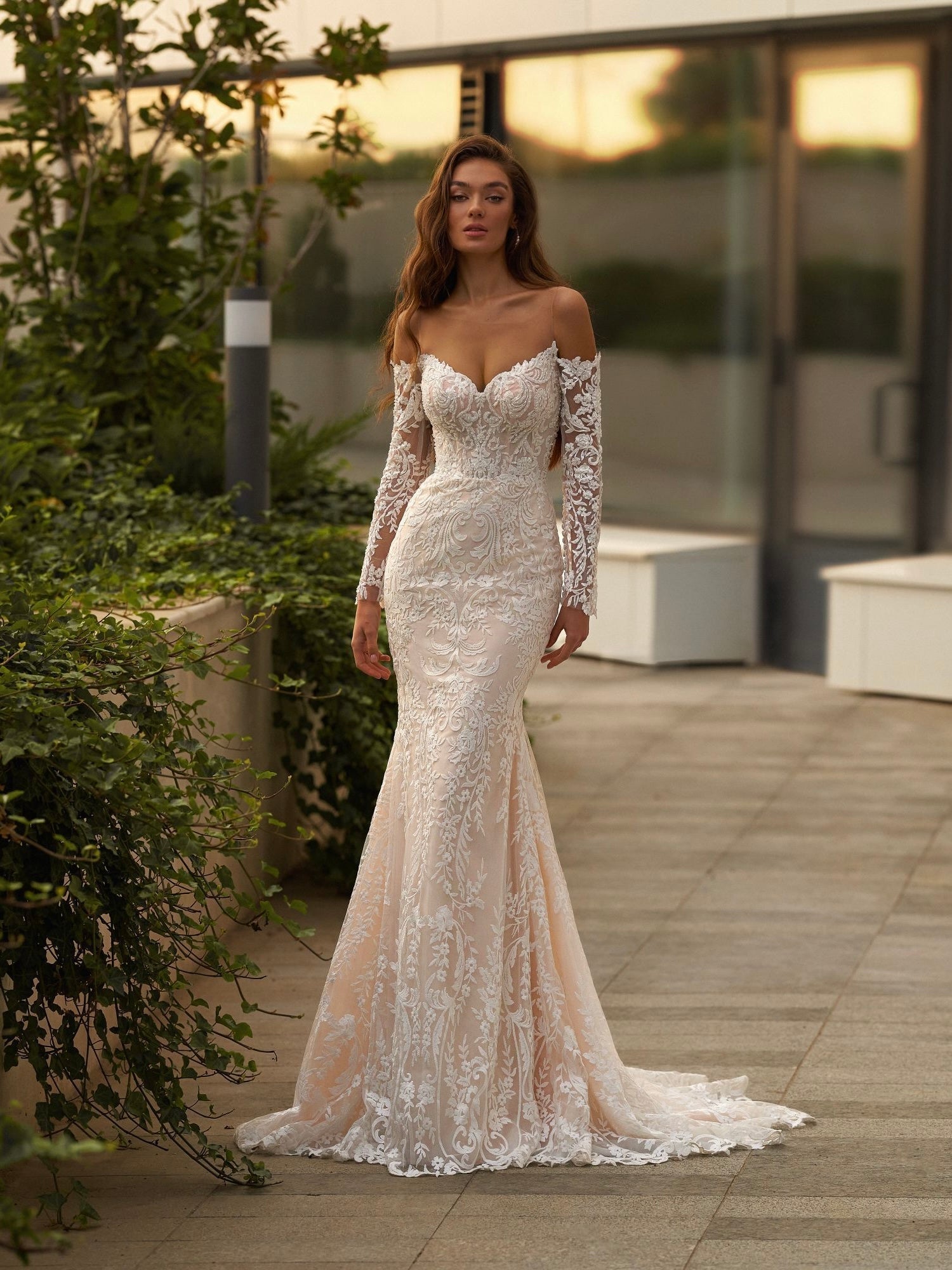 Chapel length off the shoulder V neck long sleeve floral lace designed bridal dress
