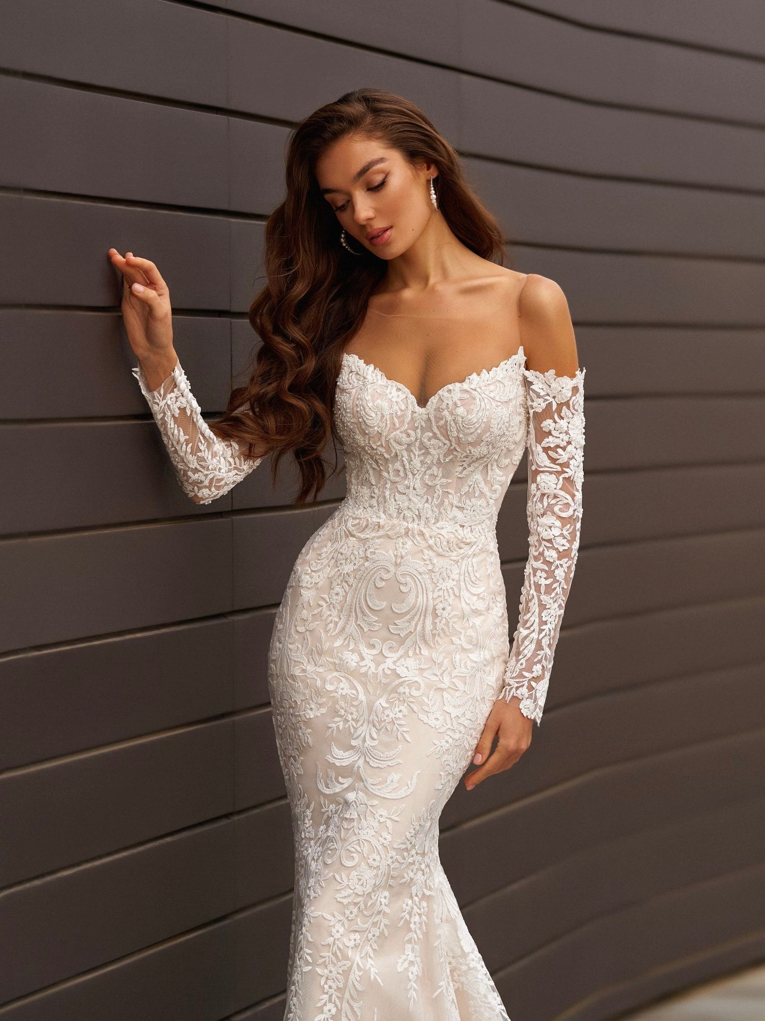 Chapel length off the shoulder V neck long sleeve floral lace designed bridal dress