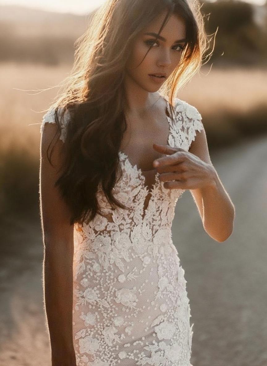 Cathedral length V neck short sleeve lace bridal gown