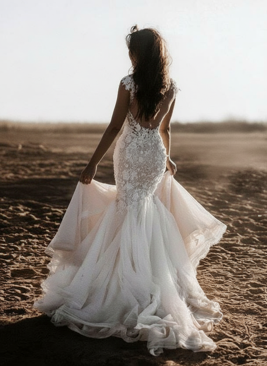 Cathedral length V neck short sleeve lace bridal gown