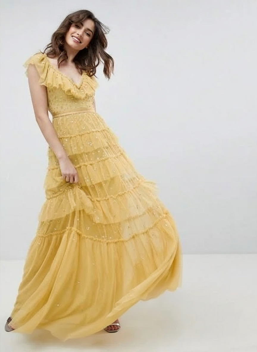 Tiered layerd V neck short sleeve floor length party dress