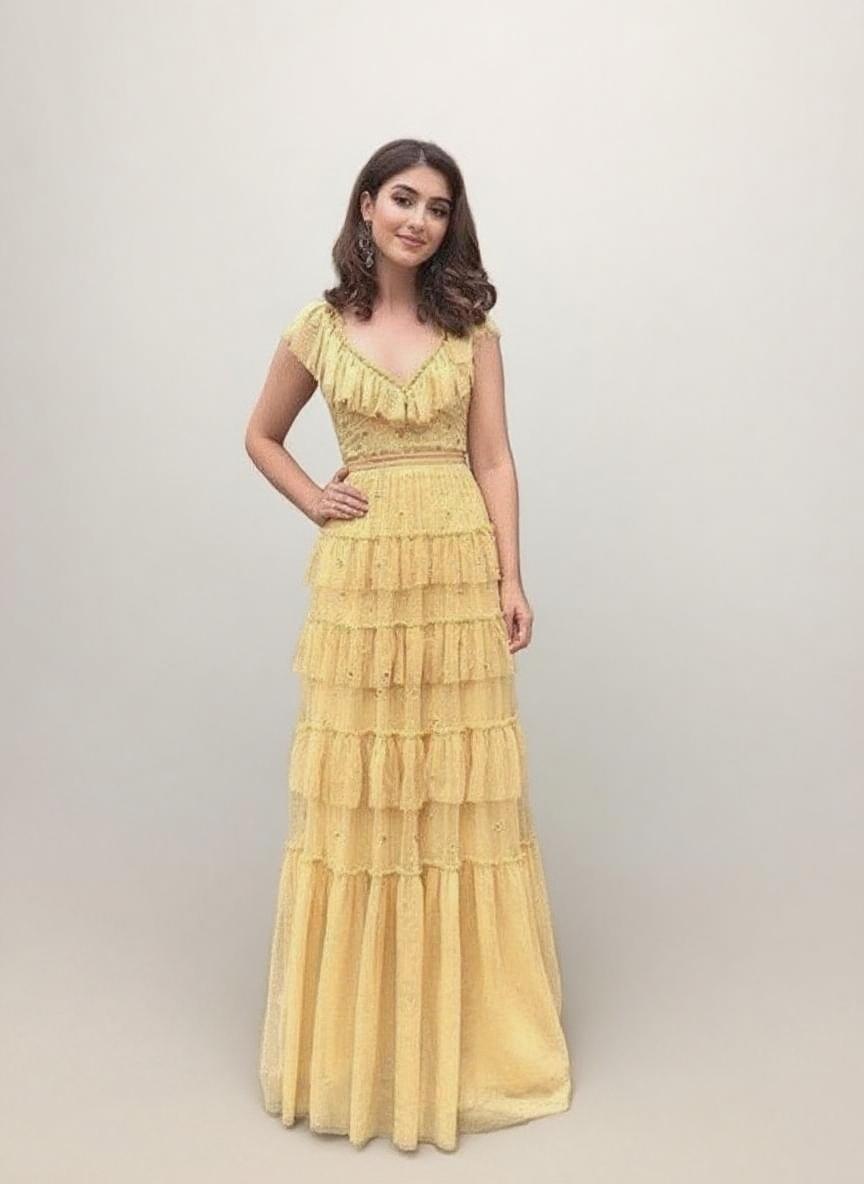 Tiered layerd V neck short sleeve floor length party dress
