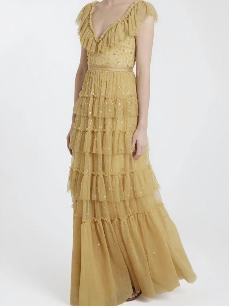 Tiered layerd V neck short sleeve floor length party dress