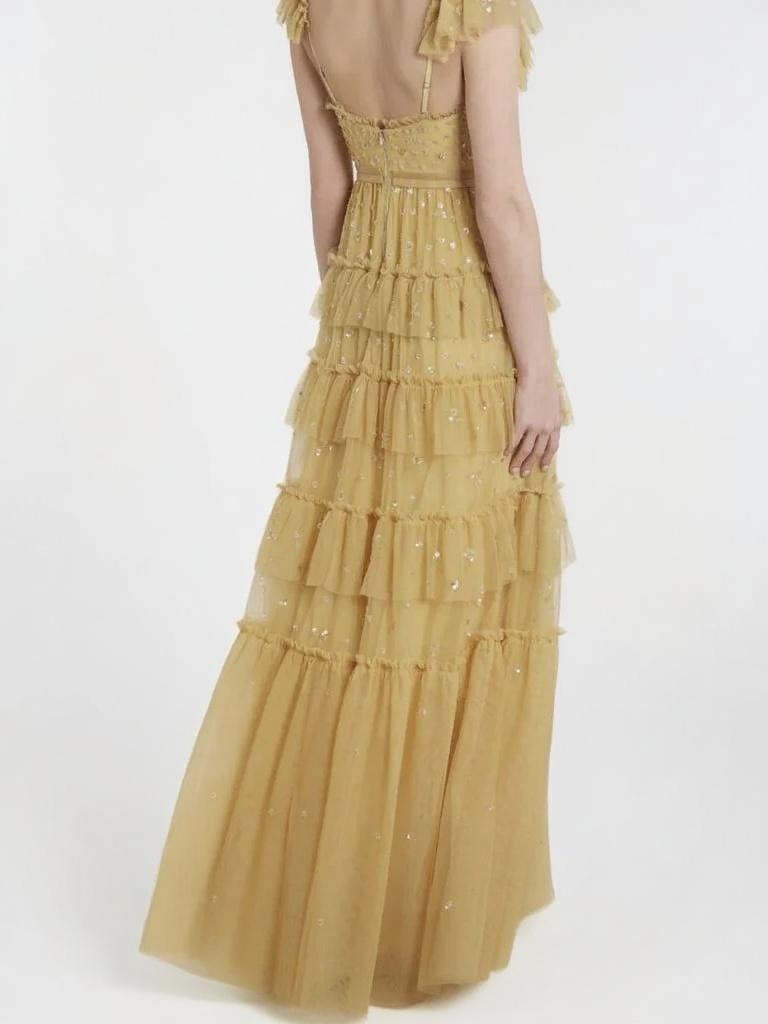 Tiered layerd V neck short sleeve floor length party dress