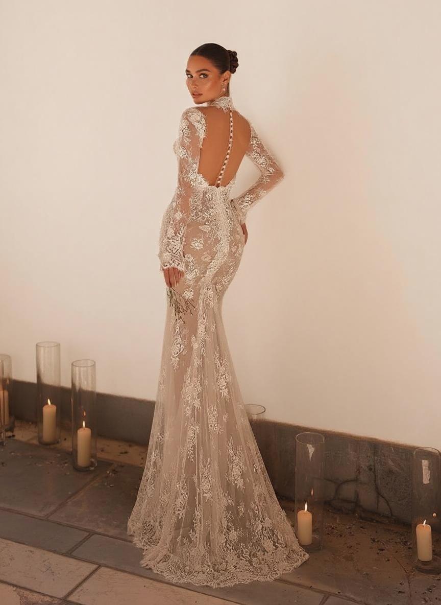 Unique Long Sleeve High Neck Appliques Lace Mermaid Wedding Dress