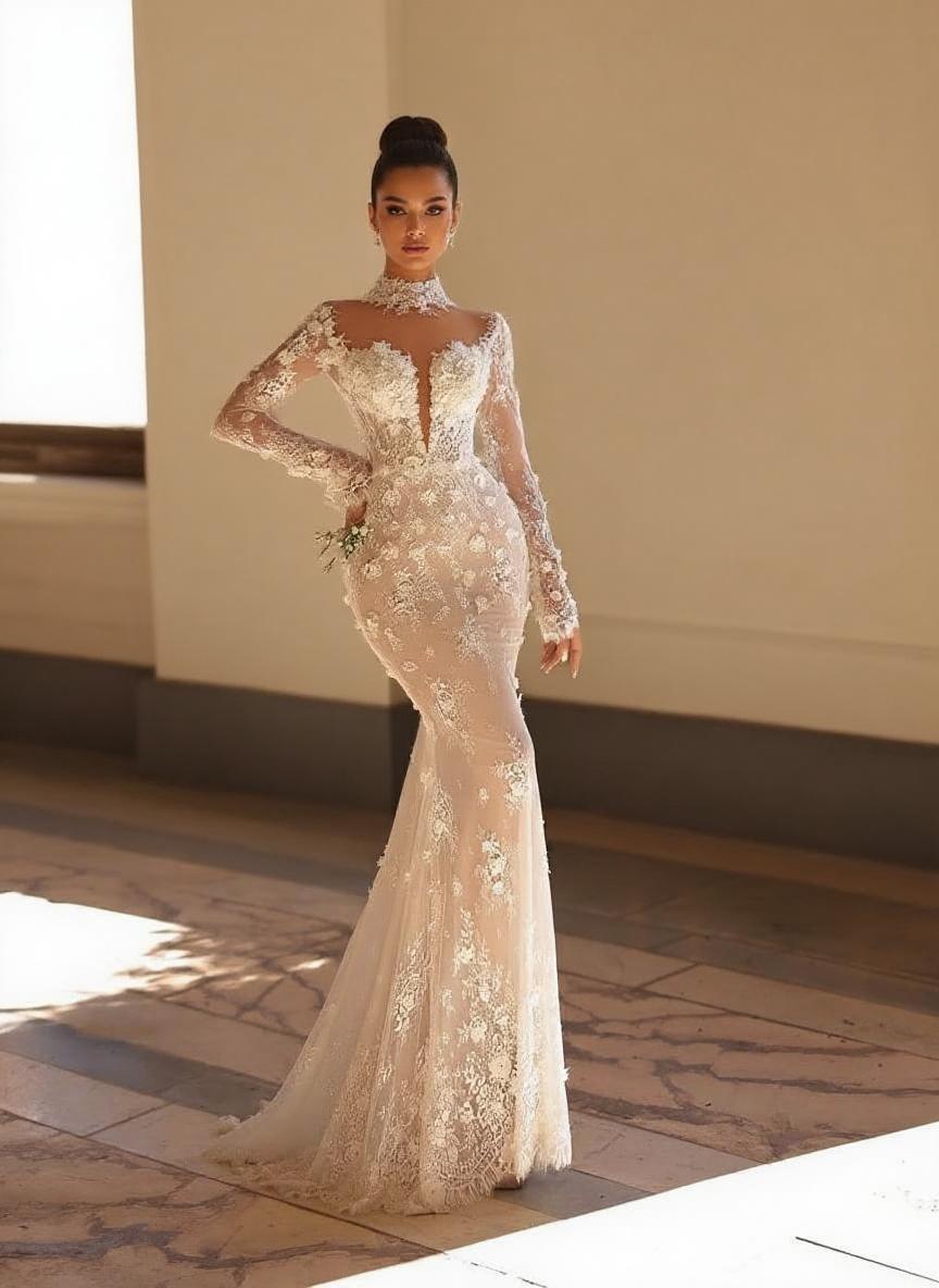 Unique Long Sleeve High Neck Appliques Lace Mermaid Wedding Dress
