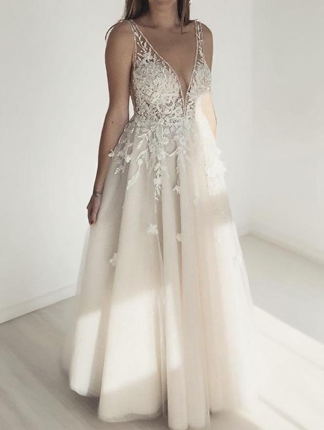Lace straps sleeveless V neck backless floor length formal dress