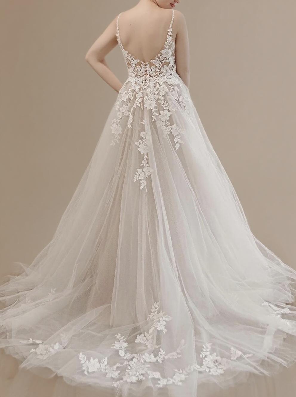 Lace straps sleeveless V neck backless floor length formal dress