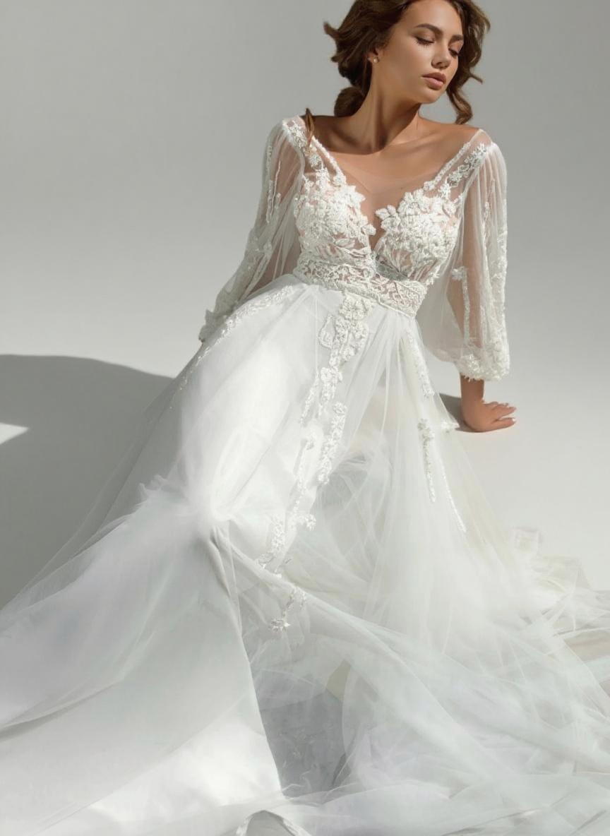 Floor length Lace and yarn puff long sleeve V neck bridal gown