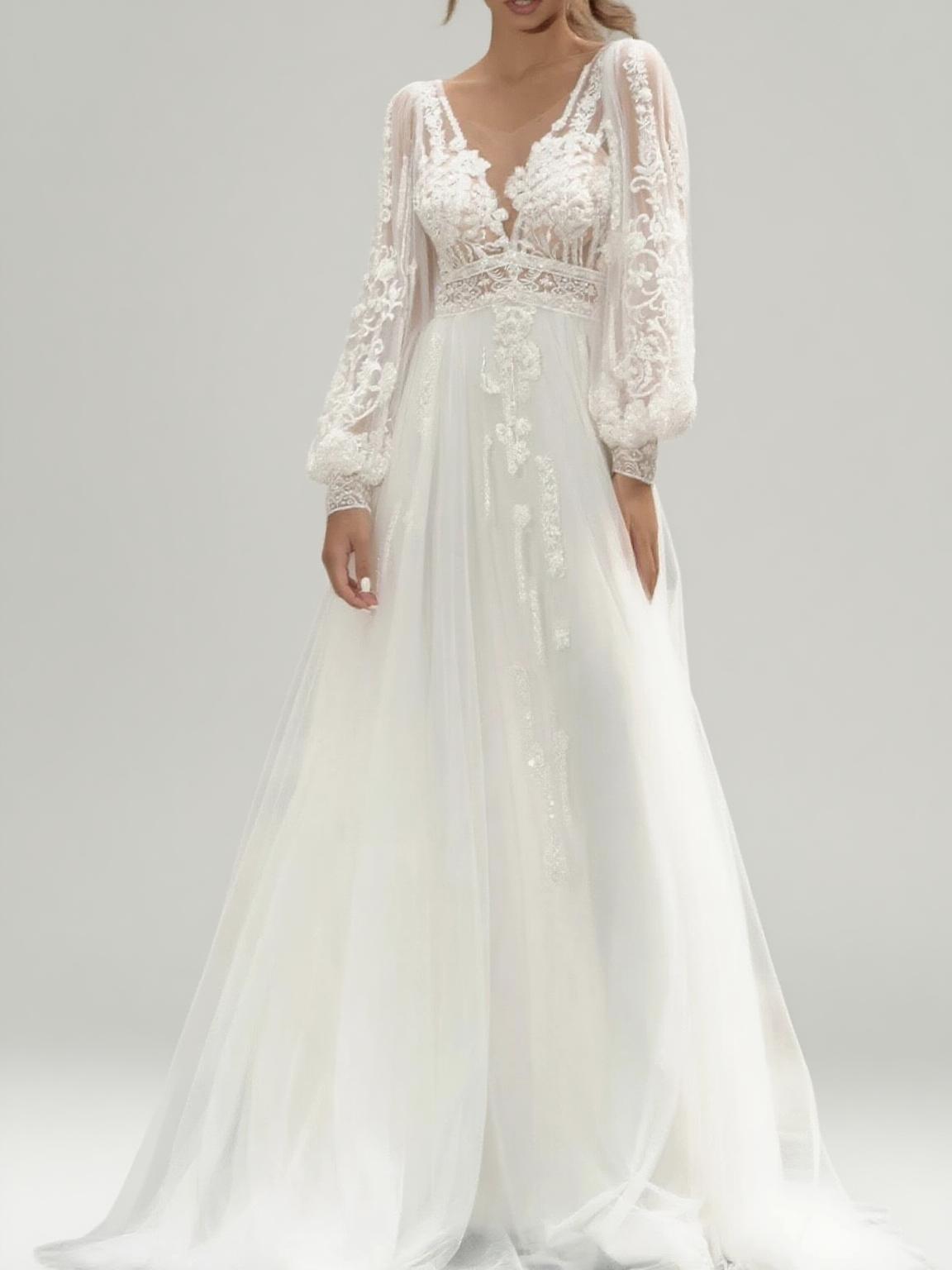 Floor length Lace and yarn puff long sleeve V neck bridal gown