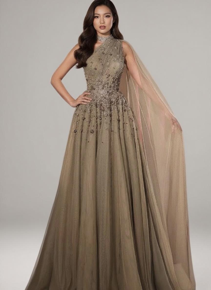 Chic A-Line High-Neck One-Shoulder Cape Sleeve Beaded Floor-Length gorgeous party dress