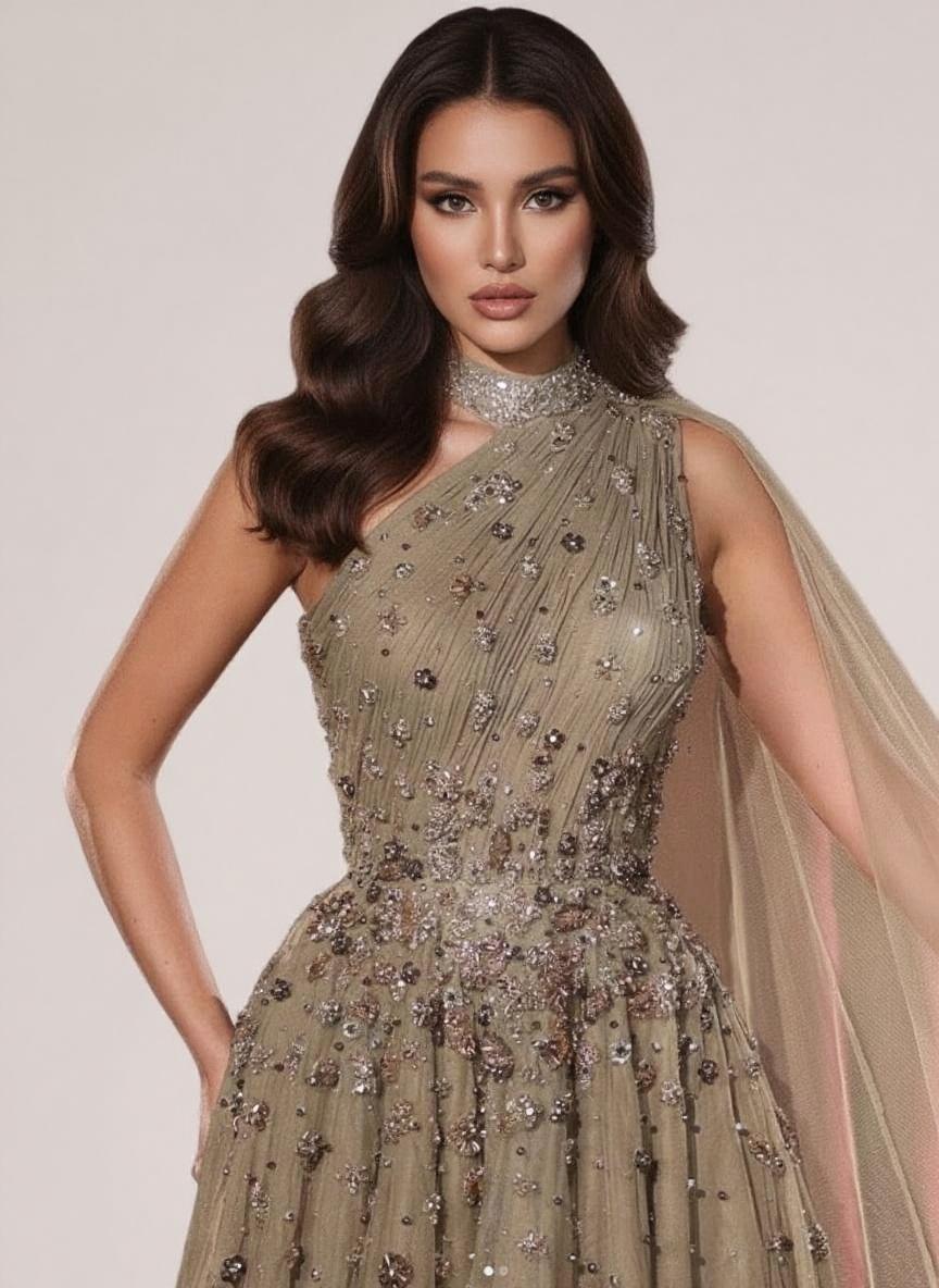 Chic A-Line High-Neck One-Shoulder Cape Sleeve Beaded Floor-Length gorgeous party dress