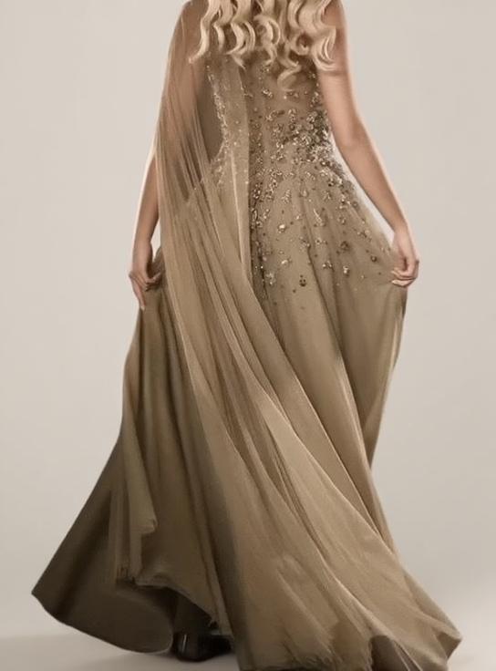 Chic A-Line High-Neck One-Shoulder Cape Sleeve Beaded Floor-Length gorgeous party dress