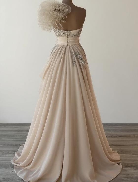 A Line One Shoulder Beaded Sleeveless Champagne Formal party Dress