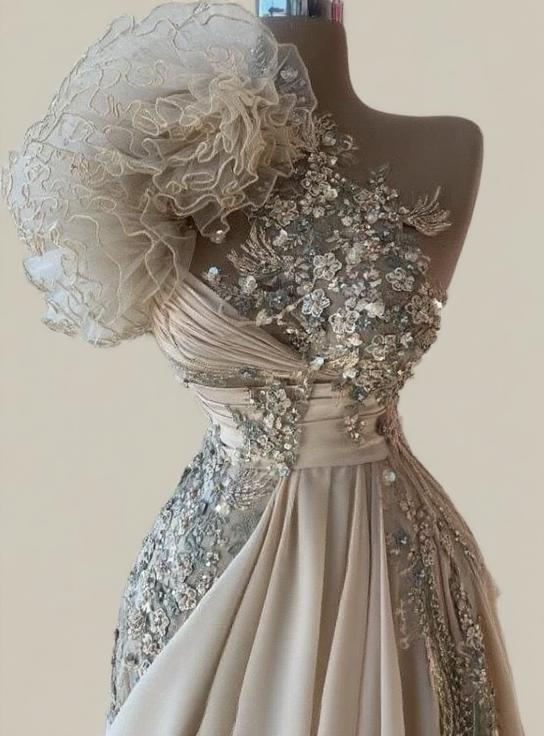 A Line One Shoulder Beaded Sleeveless Champagne Formal party Dress