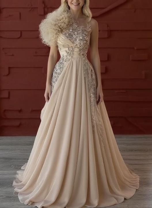 A Line One Shoulder Beaded Sleeveless Champagne Formal party Dress