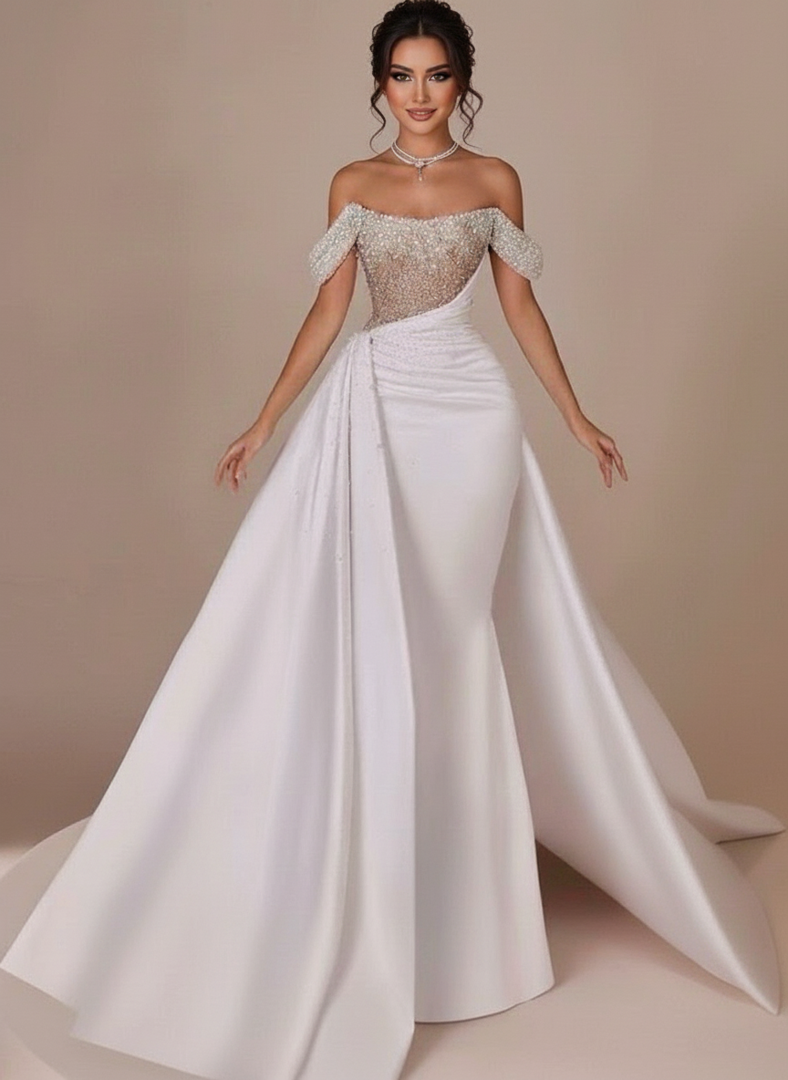Off-the-Shoulder Sheath  Glitter Sequins Ruche Wedding Dress
