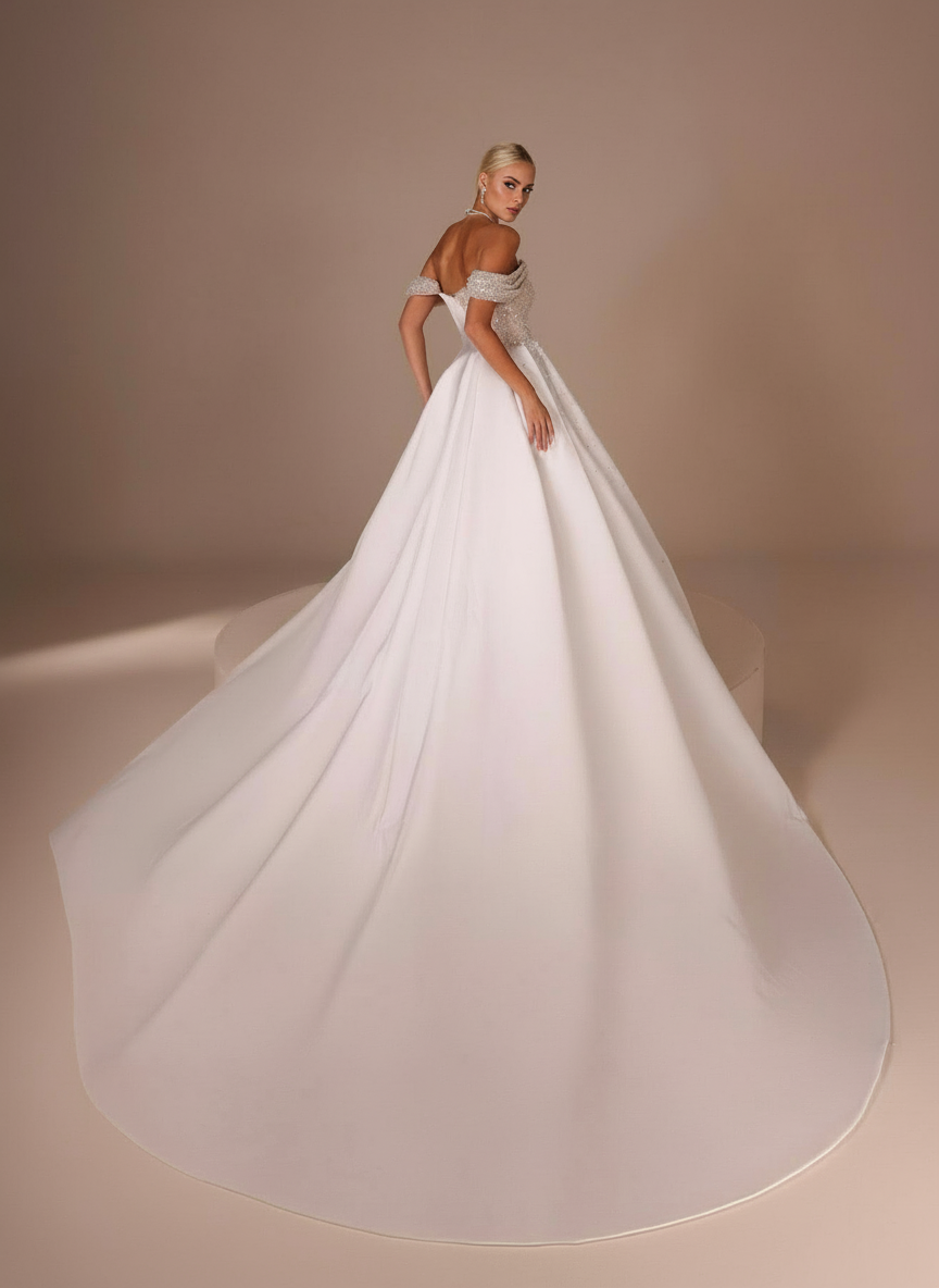 Off-the-Shoulder Sheath  Glitter Sequins Ruche Wedding Dress