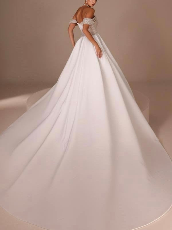 Off-the-Shoulder Sheath  Glitter Sequins Ruche Wedding Dress