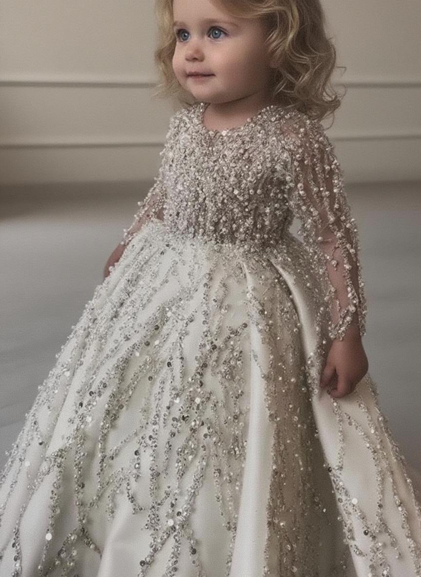 Luxury beaded lace and satin baby party dress high neck and comfortable