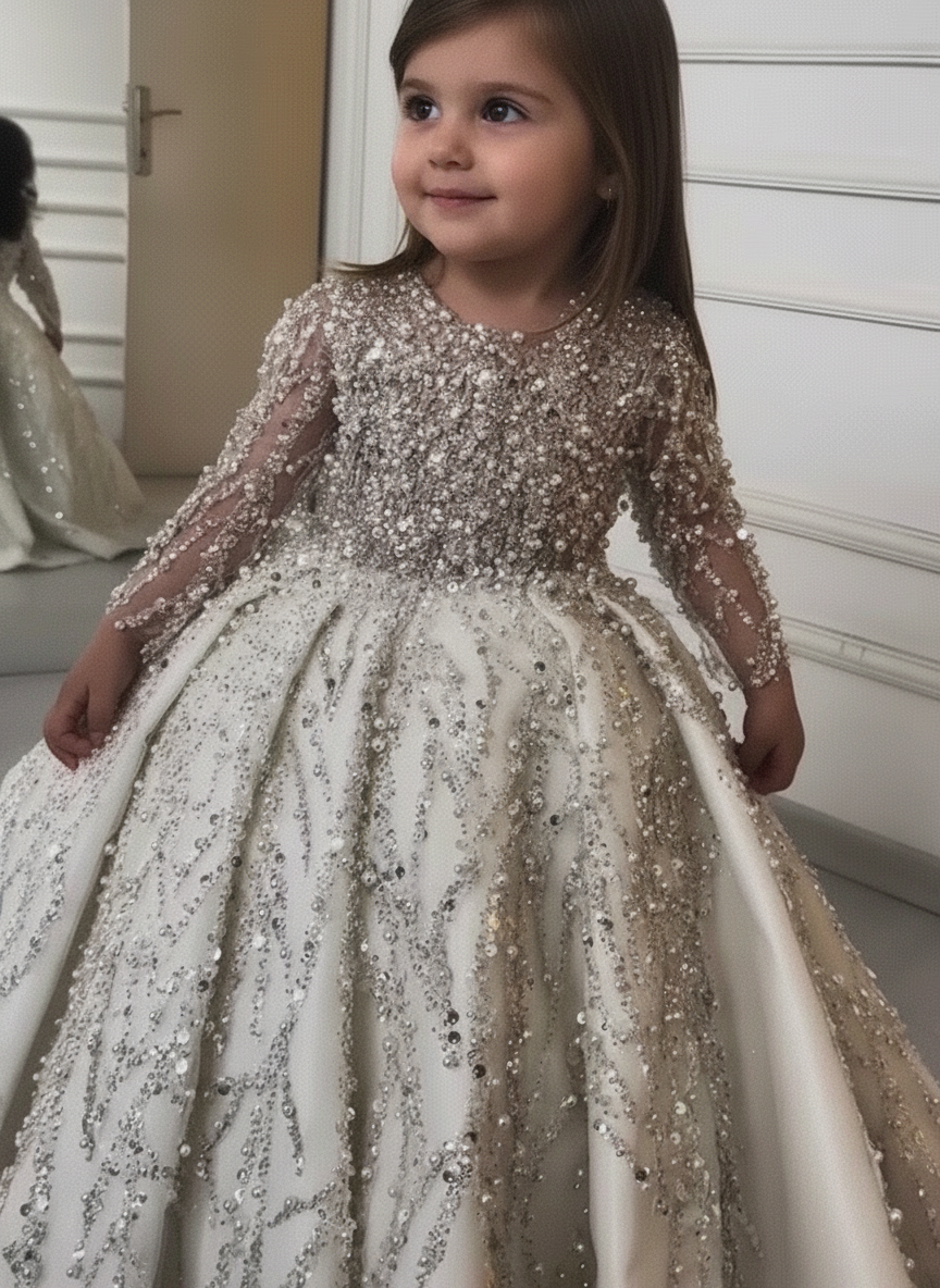 Luxury beaded lace and satin baby party dress high neck and comfortable