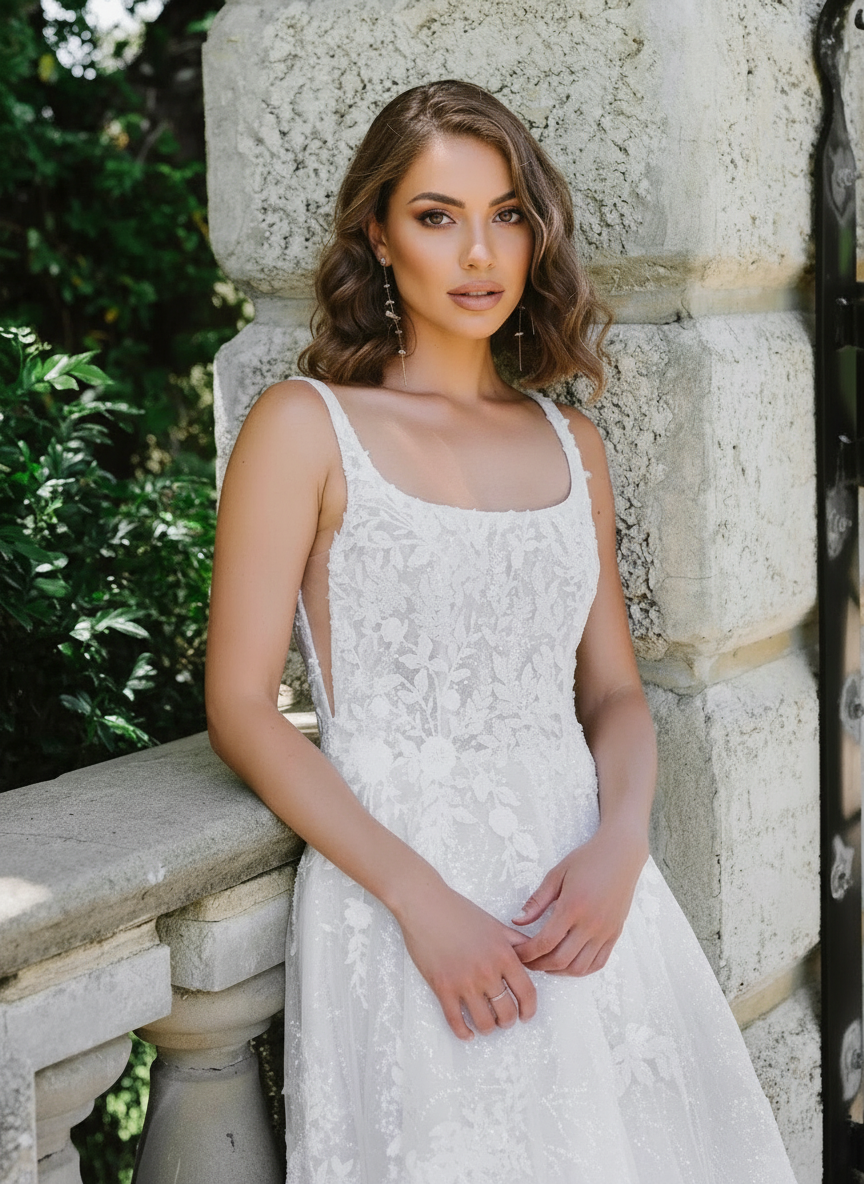 Lace strapped and full floral laced V neck backless chapel length bridal dress