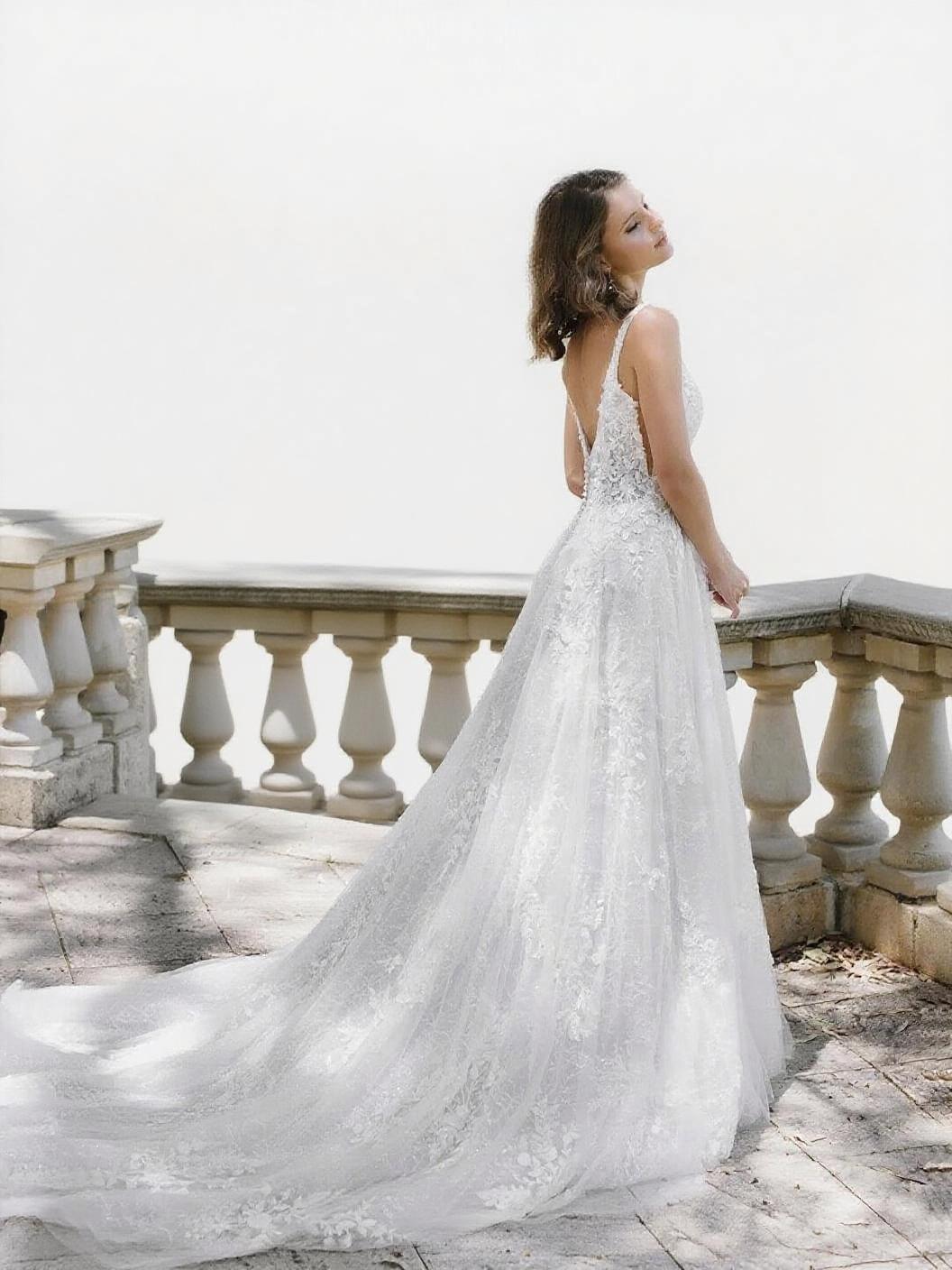 Lace strapped and full floral laced V neck backless chapel length bridal dress