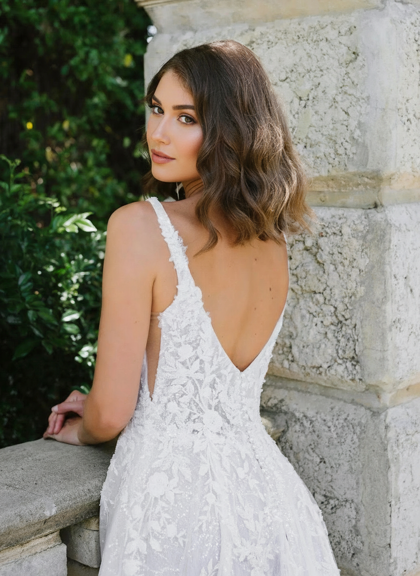 Lace strapped and full floral laced V neck backless chapel length bridal dress