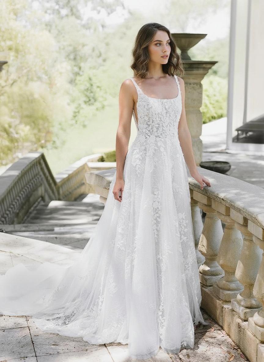 Lace strapped and full floral laced V neck backless chapel length bridal dress
