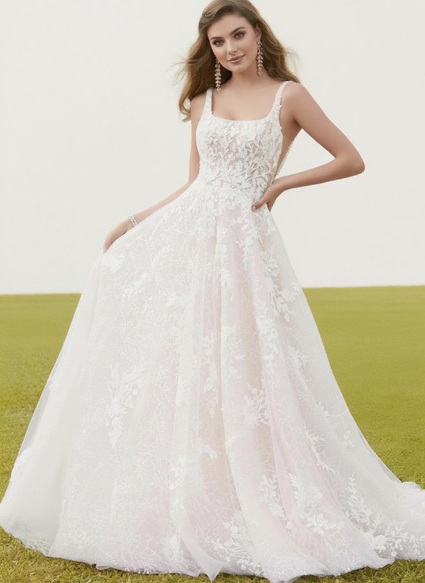 Lace strapped and full floral laced V neck backless chapel length bridal dress