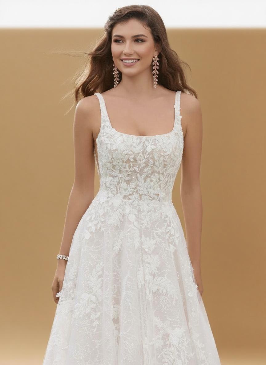 Lace strapped and full floral laced V neck backless chapel length bridal dress