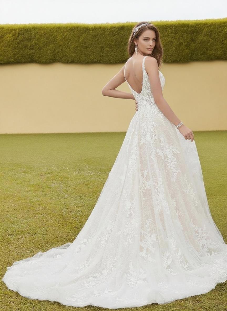 Lace strapped and full floral laced V neck backless chapel length bridal dress