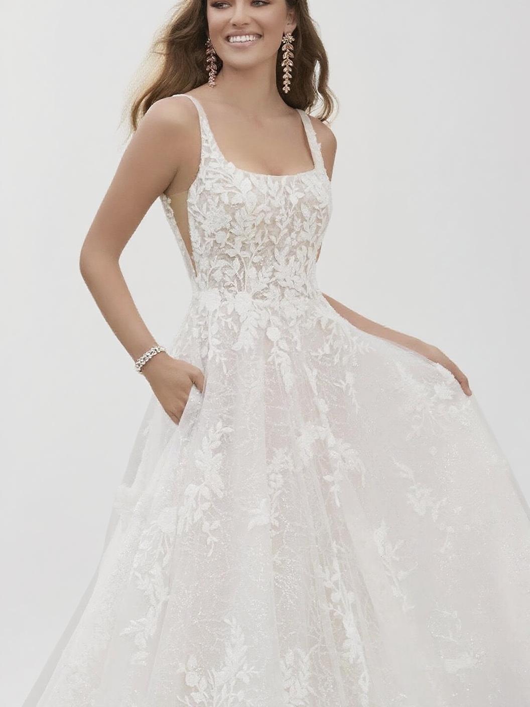 Lace strapped and full floral laced V neck backless chapel length bridal dress